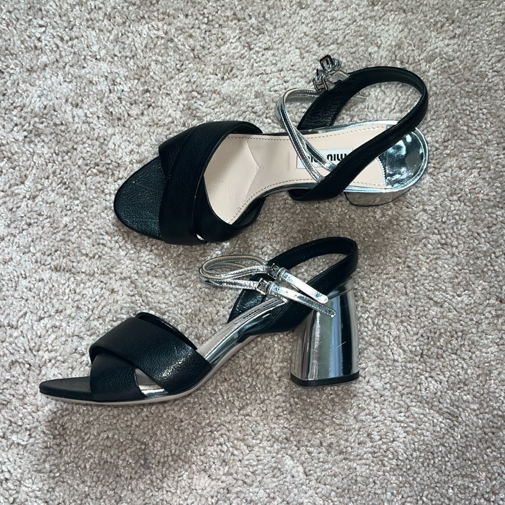 Miu Miu Women’s Silver and Black Heeled Strappy Sandals